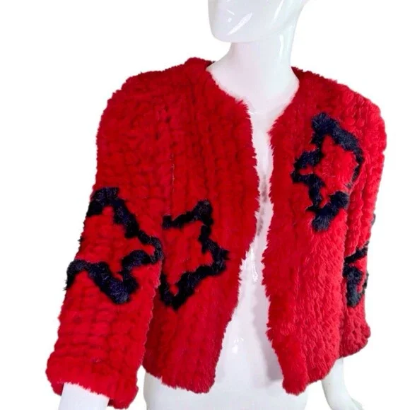 BELLE VERE Small FAB Faux Fur Jacket BIG STAR Red Black Open/Closed Wear - Picture 9 of 16